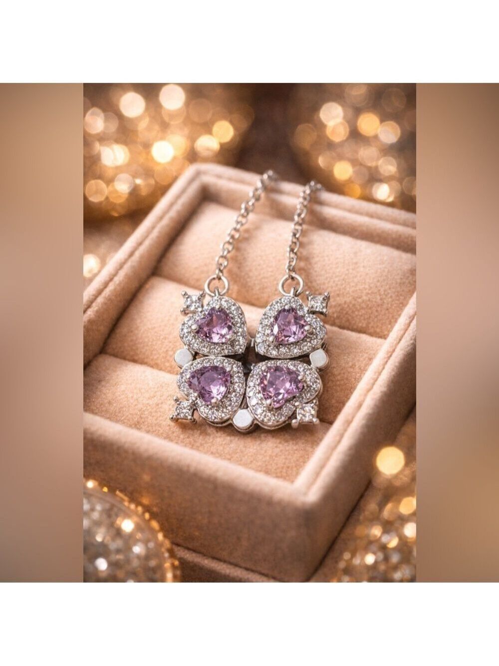 Sterling 925 Magnetic Heart Necklace Purple & Clear Stones • Convertible Cluster